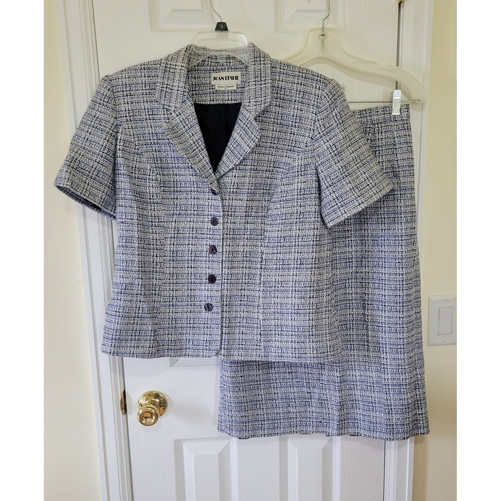 Joan Leslie Vintage Blue White Tweed Skirt‎ Suit Set Blazer Midi Skirt Size 10